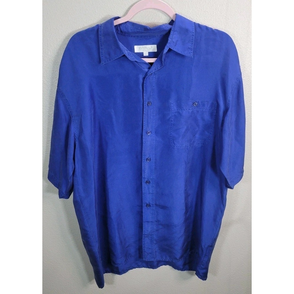 Vintage EVERALP 100% Silk Blue Short Sleeve‎ Button Down Shirt Mens L